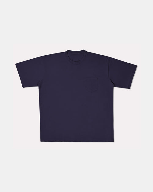 Navy oversized pocket t-shirt for big and tall men, flat lay front view